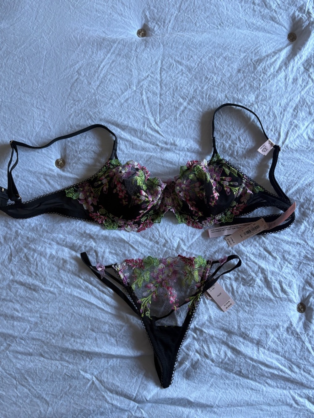 Victoria’s Secret Black Floral Embroidered Bra & Thong Set | Sexy Lace Lingerie - Picture 7 of 10